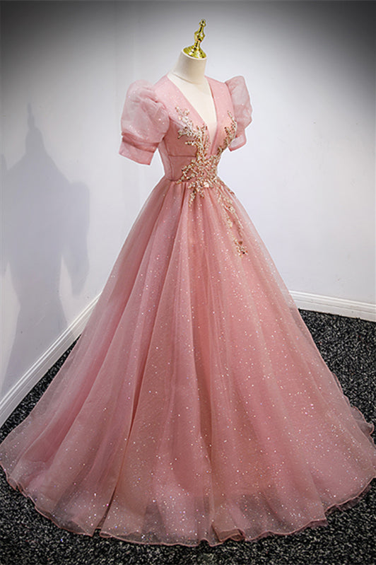 Pink V Neck Puff Sleeves Tulle Lace-Up Back Gold Beading Long Formal Dress