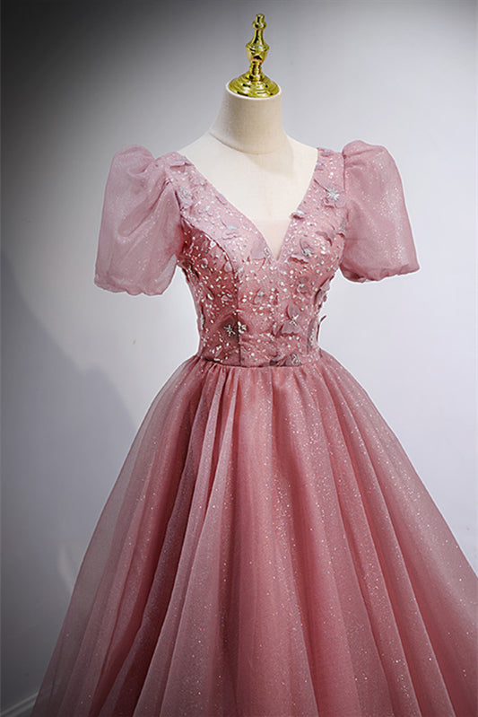 Pink V Neck Puff Sleeves Tulle Lace-Up Back Beaded Appliques Long Formal Dress