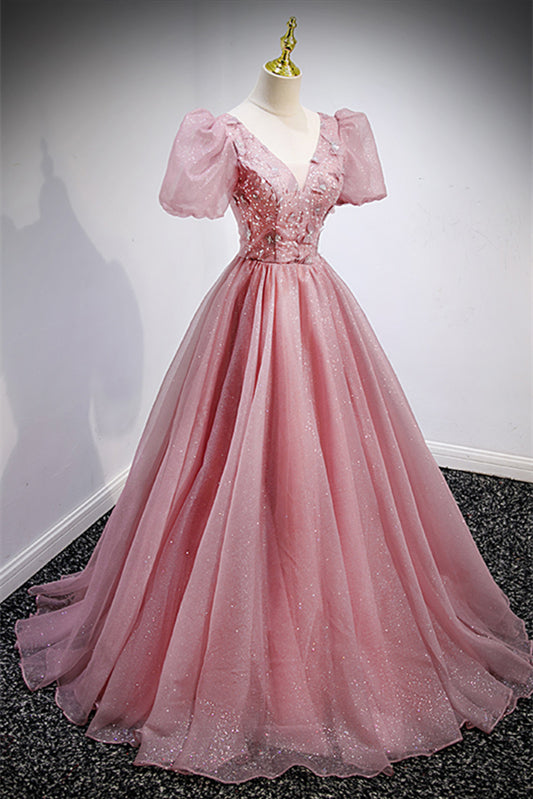 Pink V Neck Puff Sleeves Tulle Lace-Up Back Beaded Appliques Long Formal Dress
