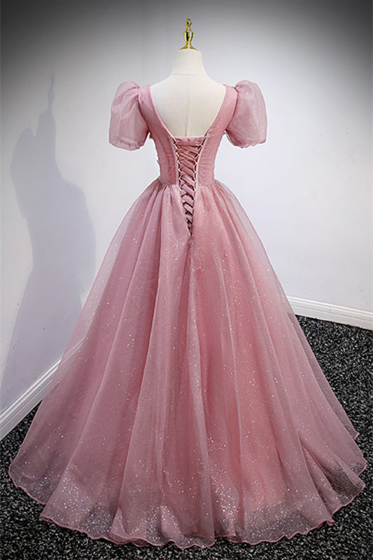 Pink V Neck Puff Sleeves Tulle Lace-Up Back Beaded Appliques Long Formal Dress