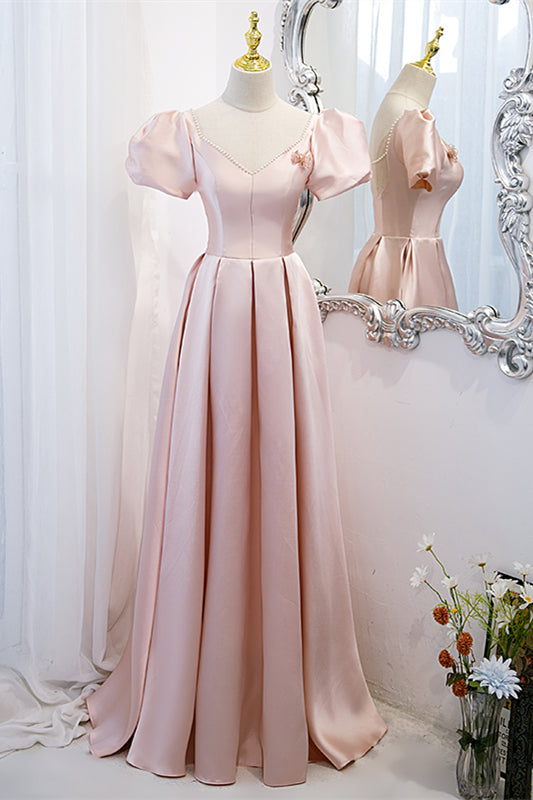 Pink V Neck Puff Sleeves Pearl Beaded 3D Applique Long Formal Dress