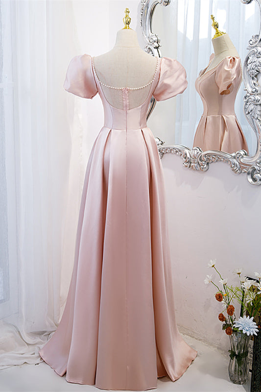 Pink V Neck Puff Sleeves Pearl Beaded 3D Applique Long Formal Dress