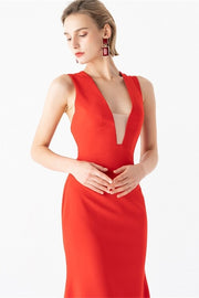 Plunge Red Long Evening Dress