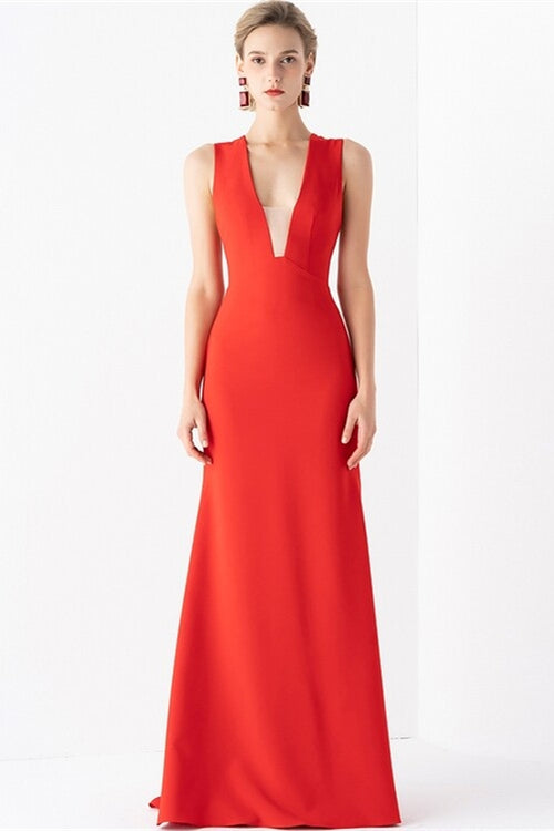 Plunge Red Long Evening Dress
