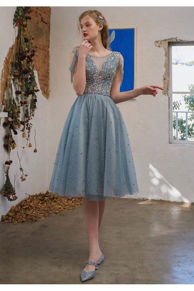 Dusty blue tea length 2024 dress