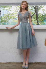 Princess Dusty Blue Illusion Neck Beading Party Dress