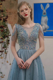 Princess Dusty Blue Illusion Neck Beading Party Dress