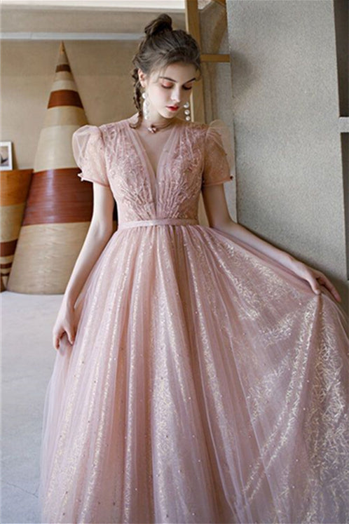 Princess High Neck Pink Midi Party Dress