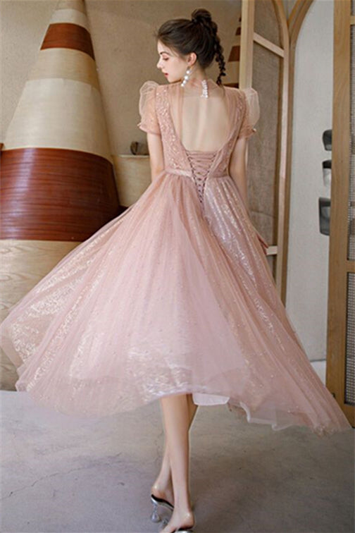 Princess High Neck Pink Midi Party Dress