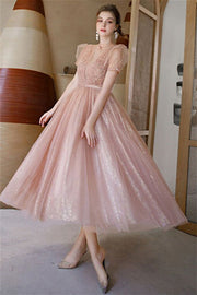 Princess High Neck Pink Midi Party Dress