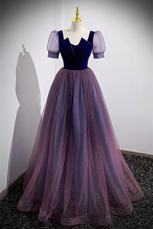 Purple Illusion Puff Sleeves Tulle V Neck Long Formal Dress