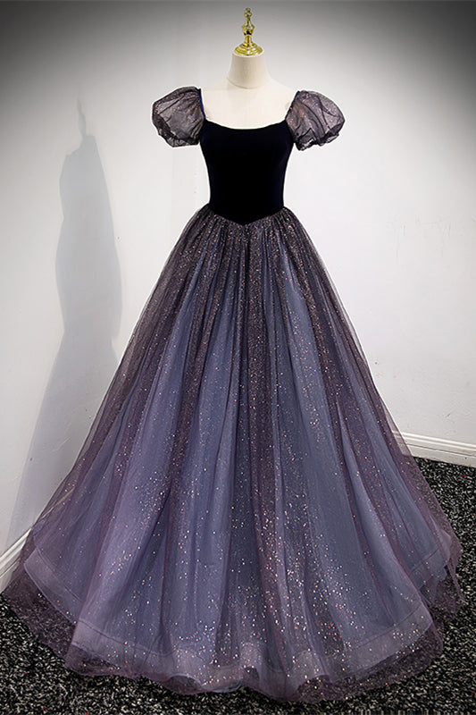 Lavender Sparkly Illusion Puff Sleeves Scoop Neck Long Formal Dress