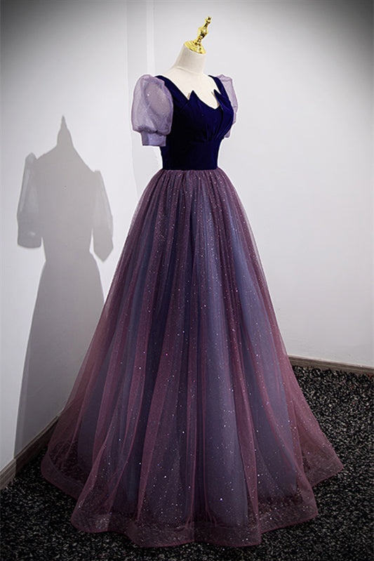 Purple Illusion Puff Sleeves Tulle V Neck Long Formal Dress
