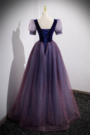 Purple Illusion Puff Sleeves Tulle V Neck Long Formal Dress