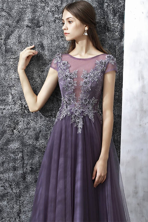 Purple Tulle Long Evening Dress with Cap Sleeves