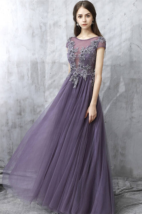 Purple Tulle Long Evening Dress with Cap Sleeves