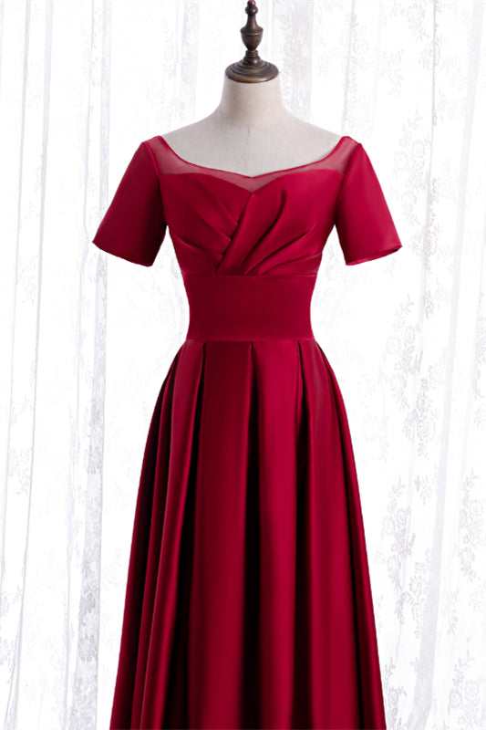 Red Satin A-line Pleated Sleeves Tea Length Formal Dress