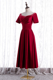 Red Satin A-line Pleated Sleeves Tea Length Formal Dress