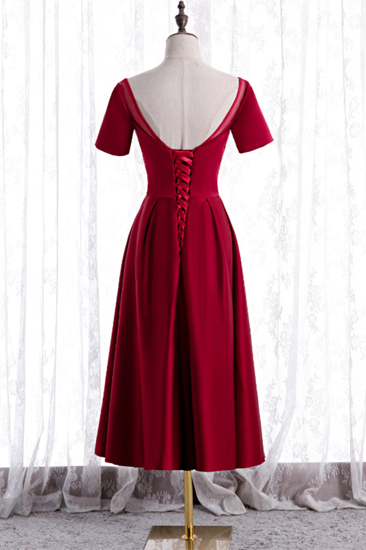 Red Satin A-line Pleated Sleeves Tea Length Formal Dress