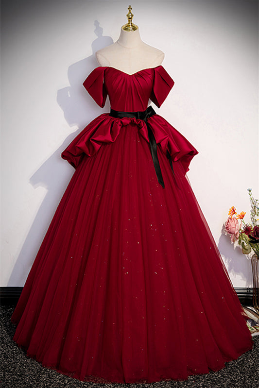 Red Strapless Multi-Layers Detachable Off-the-Shoulder Long Dress with Sash