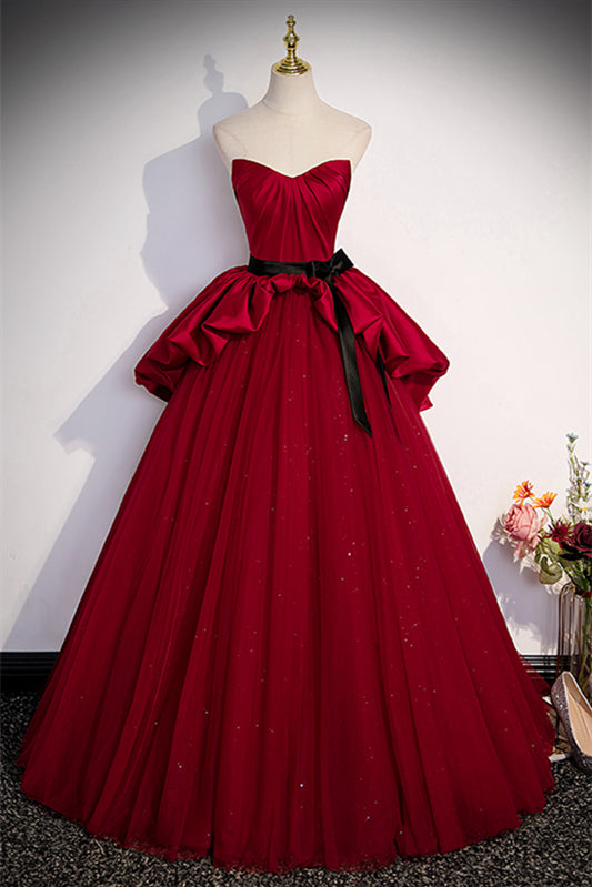 Red Strapless Multi-Layers Detachable Off-the-Shoulder Long Dress with Sash