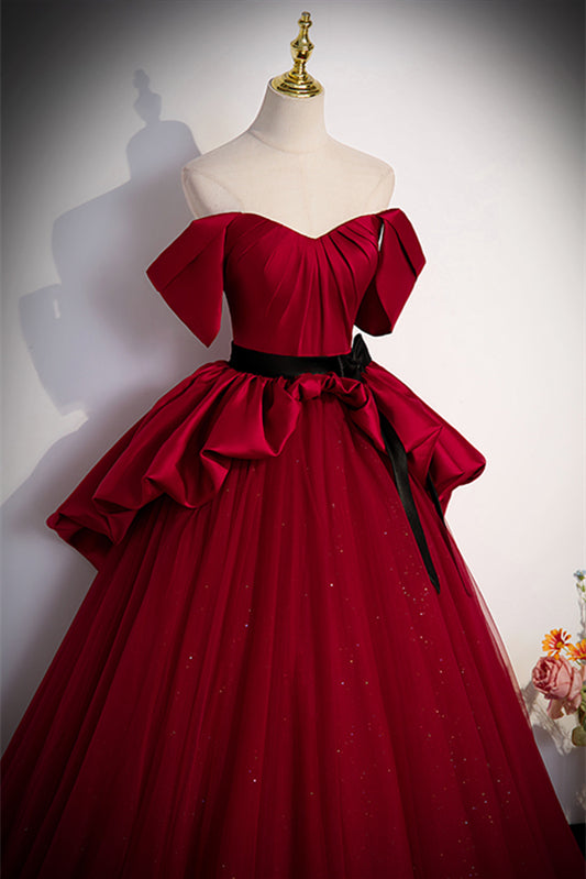 Red Strapless Multi-Layers Detachable Off-the-Shoulder Long Dress with Sash