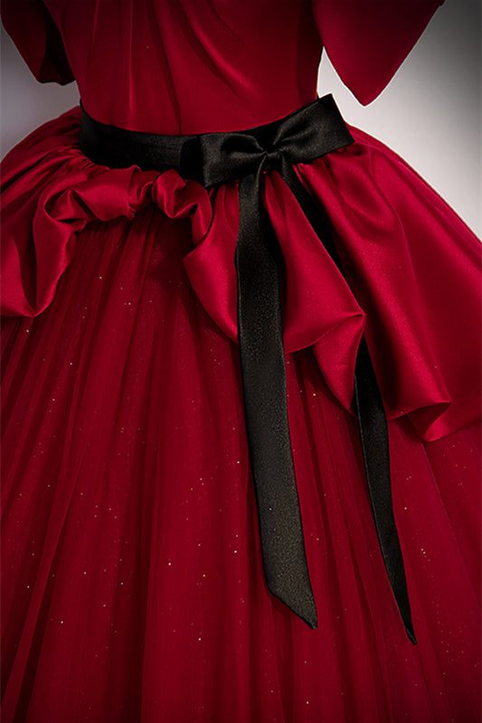 Red Strapless Multi-Layers Detachable Off-the-Shoulder Long Dress with Sash