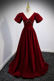 Red V Neck Puff Sleeves Beaded Velvet Long Formal Dress