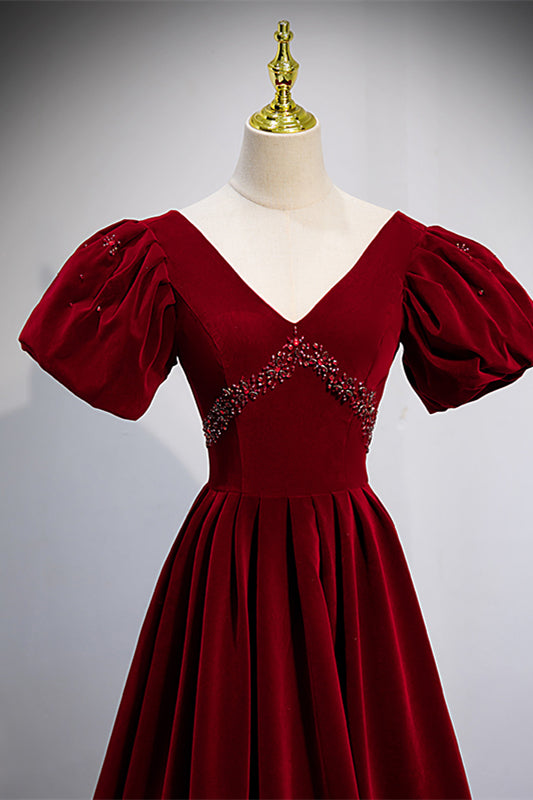 Red V Neck Puff Sleeves Beaded Velvet Long Formal Dress