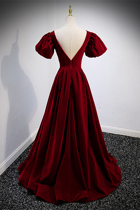 Red V Neck Puff Sleeves Beaded Velvet Long Formal Dress