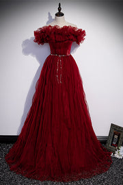 Red Ruffle Off-the-Shoulder Pleated Long Formal Dress with Pearl Sash