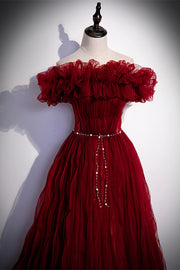 Red Ruffle Off-the-Shoulder Pleated Long Formal Dress with Pearl Sash