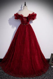 Red Ruffle Off-the-Shoulder Pleated Long Formal Dress with Pearl Sash