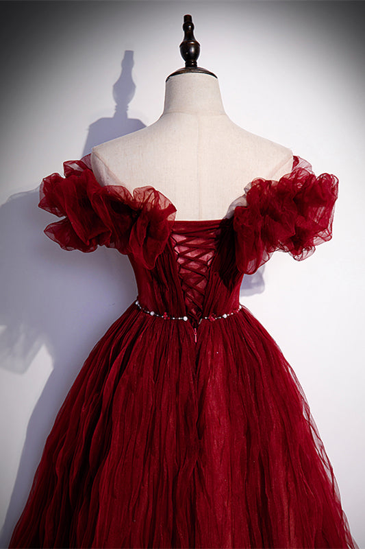 Red Ruffle Off-the-Shoulder Pleated Long Formal Dress with Pearl Sash