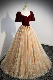 Red & Champagne Puff Sleeves Prints Long Formal Dress with Sash