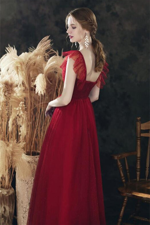 Red Flutter Sleeve Tea Length Party Dress
