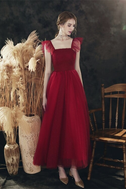 Red Flutter Sleeve Tea Length Party Dress