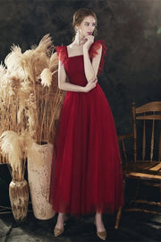 Red Flutter Sleeve Tea Length Party Dress