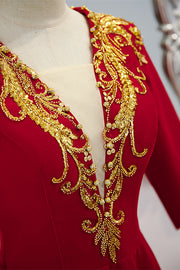 Red V Neck Gold Sequins-Embroidery Long Sleeves Long Formal Dress