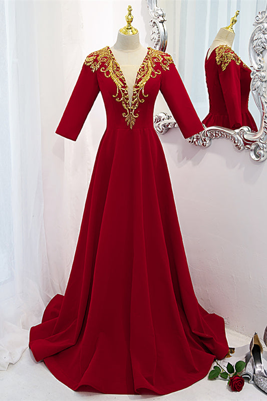 Red V Neck Gold Sequins-Embroidery Long Sleeves Long Formal Dress