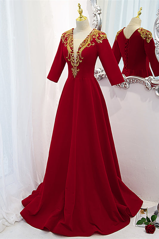 Red V Neck Gold Sequins-Embroidery Long Sleeves Long Formal Dress