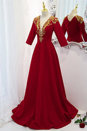 Red V Neck Gold Sequins-Embroidery Long Sleeves Long Formal Dress