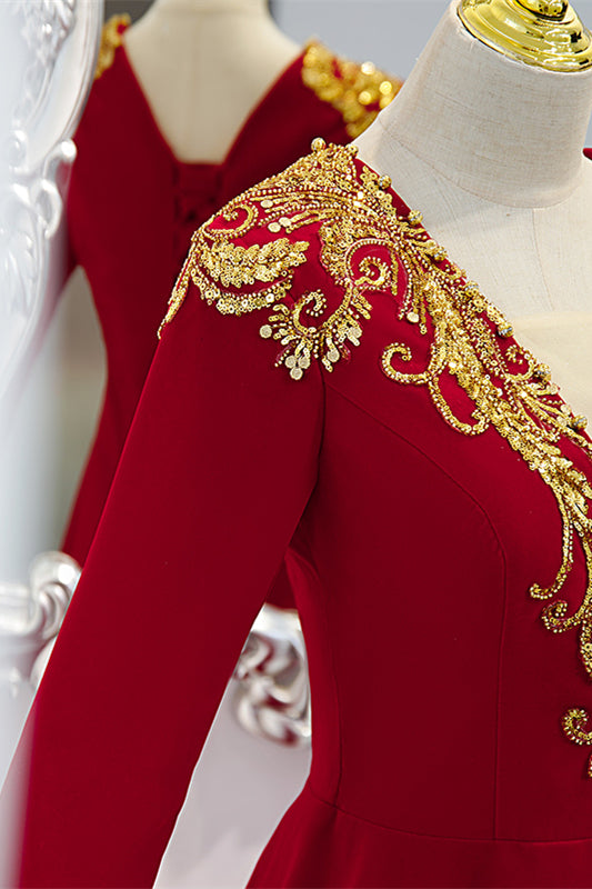 Red V Neck Gold Sequins-Embroidery Long Sleeves Long Formal Dress