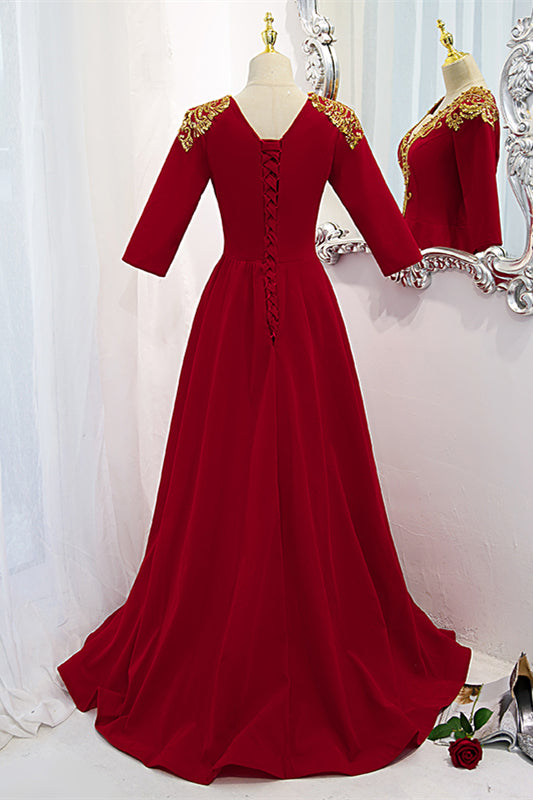 Red V Neck Gold Sequins-Embroidery Long Sleeves Long Formal Dress