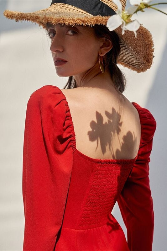 Red Long Sleeves Midi Dress