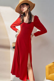 Red Long Sleeves Midi Dress