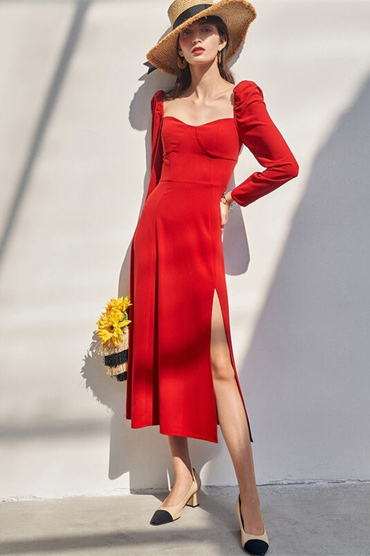 Red Long Sleeves Midi Dress - Joyofdress