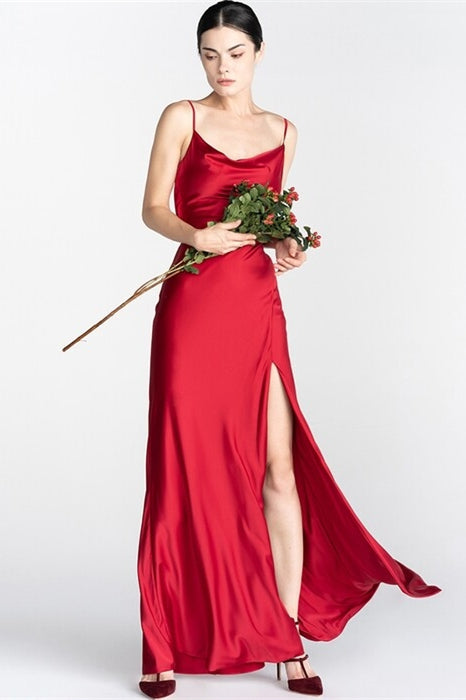 Red Long Slip Dress with Slit Red / US 12