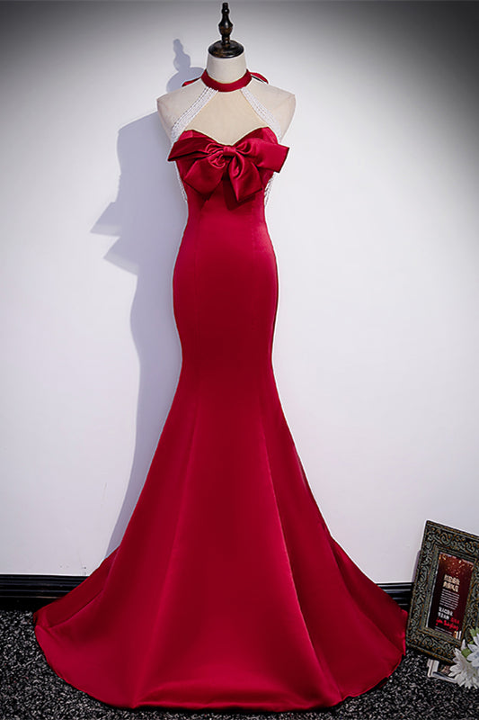 Red Mermaid Beading Strapless Bow Tie Back Satin Long Formal Dress