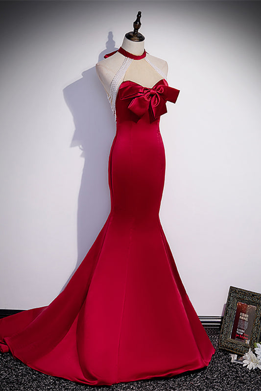 Red Mermaid Beading Strapless Bow Tie Back Satin Long Formal Dress